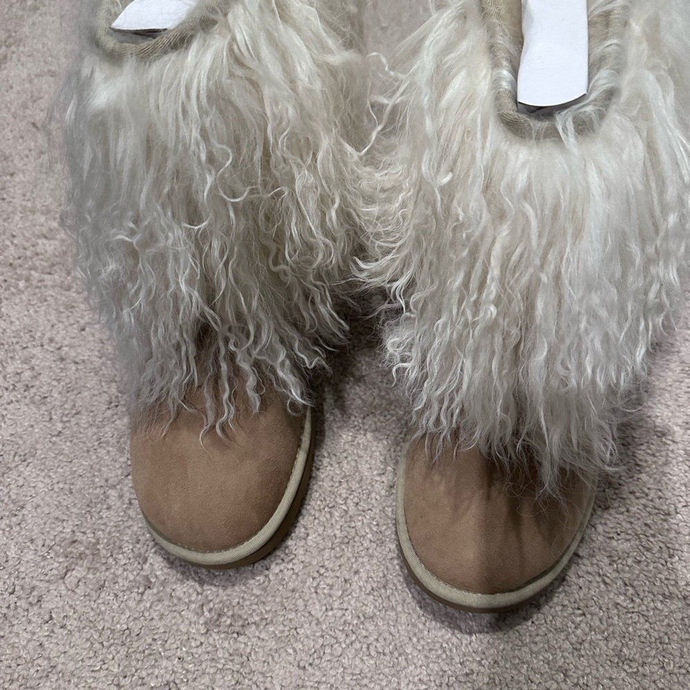 UGG Australia Sheepskin Mongolian Hair Short Cuff Boots Sand 1875